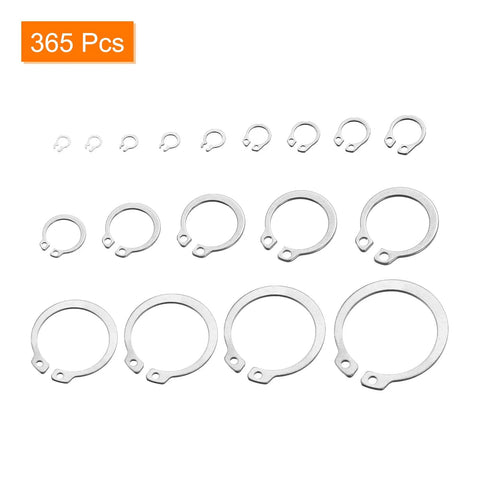 365 Piece External Retaining Ring Kit In 304 Stainless Steel With 18 Sizes M3 Through M26 Circlips displayed.