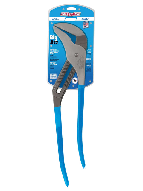 Tongue And Groove Pliers 480 BIGAZZ Straight Jaw With 90 Degree Teeth Forged Steel 20.25 Inch Length 5.5 Inch Jaw in blue packaging