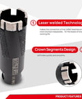 DT-DIATOOL diamond core drill bit, 1-1/2" (38mm), 5/8-11 thread for angle grinder; laser-welded crown segments for granite/marble.