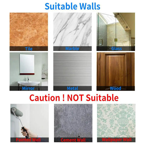 Chart showing suitable walls for Self Adhesive RV Toilet Paper Holder With Two Hanging Hooks including tile, marble, and glass surfaces.