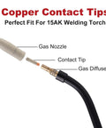 Copper contact tips and gas nozzle attached to a 15AK welding torch; part of Premium Welding Knight 10 Piece Kit features.