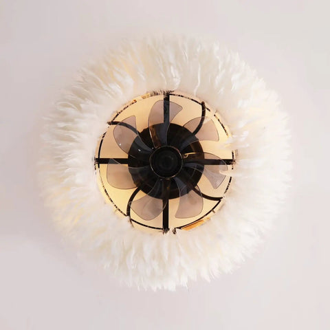 20" Feather Decor Flush Mount Ceiling Fan with Remote, 6 Speed Reversible DC Caged Ceiling Fan Light Combo, Low Profile Decorative Chandelier Fan for Bedroom, Bulbs Excluded, soft white feathers and black frame.