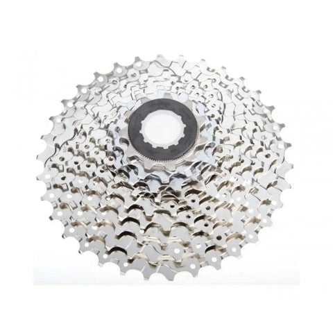 9-Speed Mountain Bike Cassette CS-HG400-9 For E-MTB And Trail Riding with nickel-plated finish and drilled cogs, silver