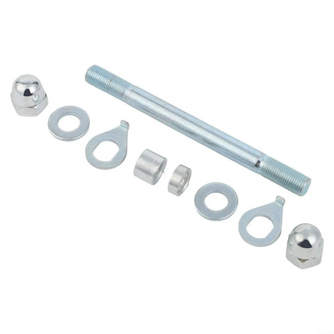 10mm Solid Steel Beefy Hub Axle for Electric Bikes Front or Rear, with nuts and washers, laid out on white background.