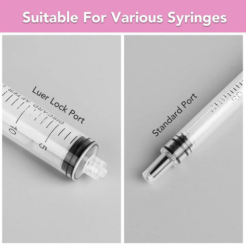 Luer lock port and standard port comparison for 150 Count 18 Gauge 1 Inch Luer Lock Dispensing Tips, Stainless Steel and Plastic gear.