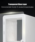 Mobile Soundproof Office Pod Booth With Smooth Rolling Wheels And Auto Swing Door showing transparent glass layer and interior details.