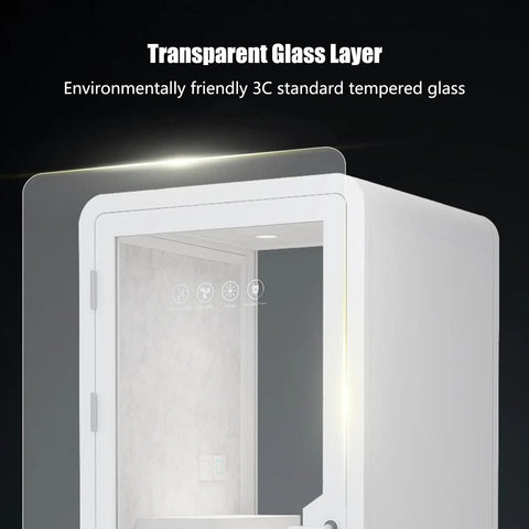 Mobile Soundproof Office Pod Booth With Smooth Rolling Wheels And Auto Swing Door showing transparent glass layer and interior details.