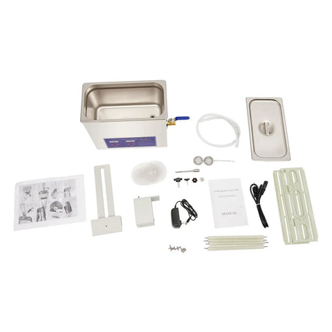 Pxolerig 6.5L Commercial Vinyl Record Cleaner With Adjustable Timer And Temp Control Digital Led Display components laid out including tank, accessories and manual.