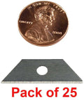 Handheld Wire Stripper Tool With 25 Replacement Blades Combo Pack shown with a penny size comparison, Pack of 25 displayed.