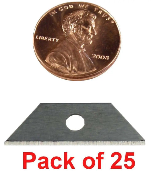 Handheld Wire Stripper Tool With 25 Replacement Blades Combo Pack shown with a penny size comparison, Pack of 25 displayed.