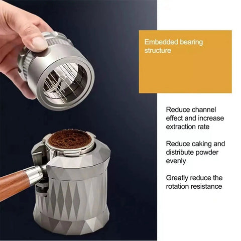 Premium Needle Coffee Tamper And Espresso Grounds Distributor Stirrer Tool showing embedded bearing structure and espresso grounds.