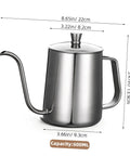 Smooth Pour Long Spout Coffee Kettle With Lid Stainless Steel Tea Pot For Home Office Brewing Gear Non Drip Design with measurements.