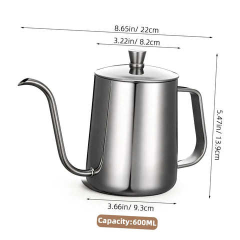 Smooth Pour Long Spout Coffee Kettle With Lid Stainless Steel Tea Pot For Home Office Brewing Gear Non Drip Design with measurements.