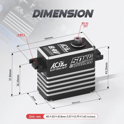 Badass Waterproof Brushless RC Servo Motor 50Kg Programmable Winch Boss Rig dimensions, showing 40x20x41.8mm size and details.