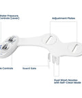Neo 185 Dual Nozzle Bidet Attachment For Toilet Seat Non Electric Self Cleaning With Adjustable Water Pressure Rear And Feminine Wash Easy Install Hygienic Guard White showing control dials and nozzle placement.