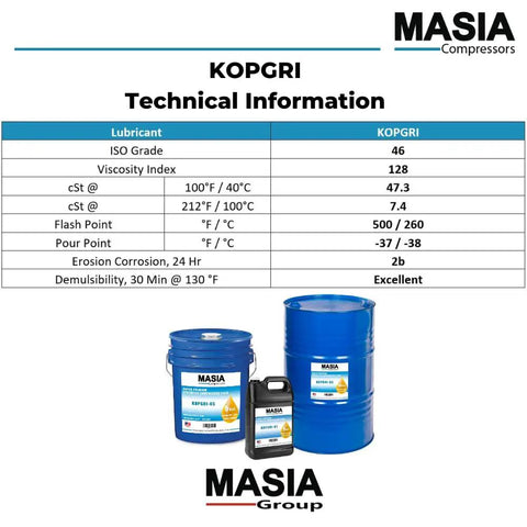 Pro Grade Synthetic Rotary Screw Compressor Lubricant 5 Gal Durable, Long Lasting Formula Made in USA for Heavy Duty Industrial Compressors Meets Industry Specs, Reduces Wear, Extends Life, Keeps Systems Cool Under Pressure for Peak Performance. Technical sheet with blue lubricant drums