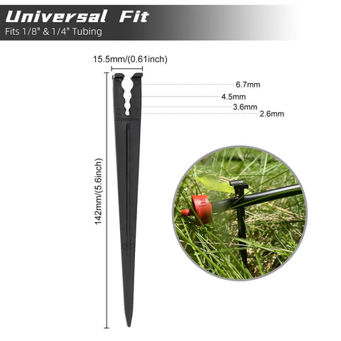 Image of a black drip irrigation stake measuring 5.79 inches, showing universal fit for 1/8 and 1/4 inch tubing, securing emitter.