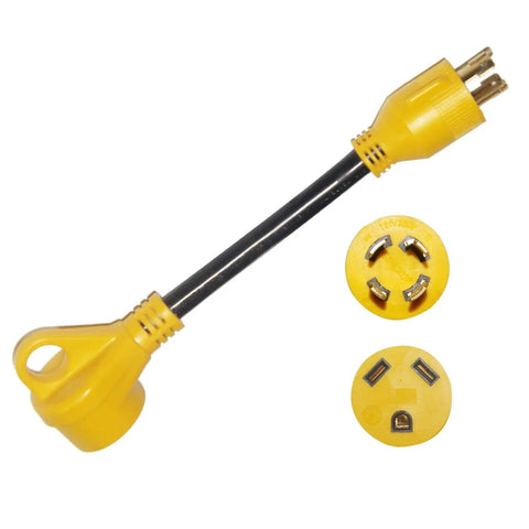 30 Amp RV Power Adapter Cord With 4 Prong Locking Plug NEMA L14 30P To TT 30R RV Extension, 12 Inch, showing connectors