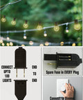 Two Pack 100Ft LED Outdoor String Lights With 104 Vintage G40 Bulbs, Dimmable, UL Listed shown connected and operational with dimmer