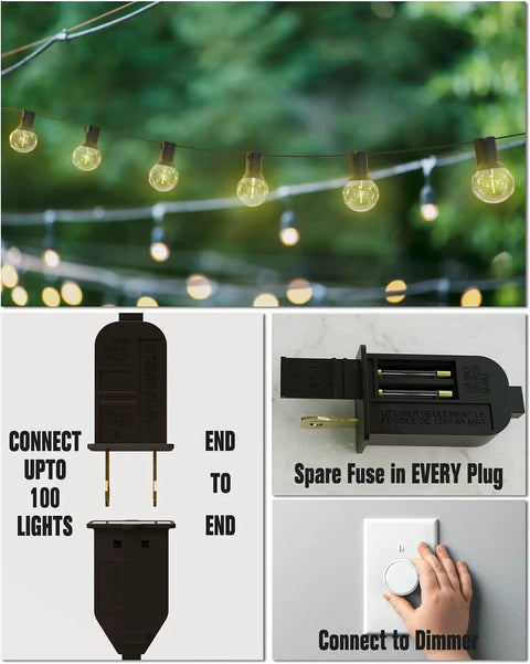 Two Pack 100Ft LED Outdoor String Lights With 104 Vintage G40 Bulbs, Dimmable, UL Listed shown connected and operational with dimmer