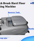 Foldable Walk Behind Floor Scrubber With 15 Inch Brush And Automatic Water Flow Upgrade For Grime Busting Cleaning Industrial Pro Grade Floor Cleaner For Tile Concrete And Grout Navigates Tight Corners Size 32x18x25 Inches Gray, close-up of tanks and pipe labeled 'Recovery Tank', 'Resolution Tank', and 'Sewage Pipe'