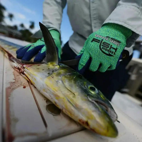 Angler using Filet Gripper Glove With Non Slip Grip, Cut Resistant, Quick Dry, Breathable Second Skin Fit Fishing Glove For Men And Women In Neon on fish