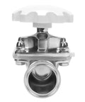 Sanitary diaphragm valve, 2-inch tri-clamp, stainless steel 316L body with silicone seal and white handwheel