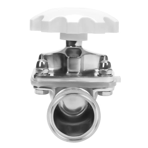 Sanitary diaphragm valve, 2-inch tri-clamp, stainless steel 316L body with silicone seal and white handwheel