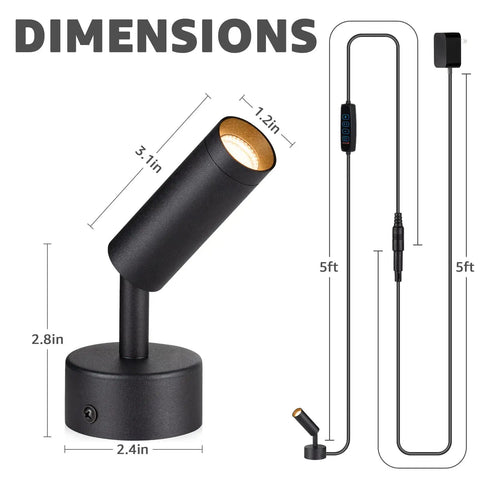 Dimensions of Two Pack 3W Indoor Spotlight Uplights With 10 Ft Cord Dimmable 3000K 4000K 5000K LED Floor Spotlights for Artwork Wall Accent Lighting