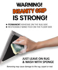 Hand cleaning rug with sponge showing Non Slip Rug Tape Peel And Stick Gripper For Hardwood Concrete And Carpeted Floors.