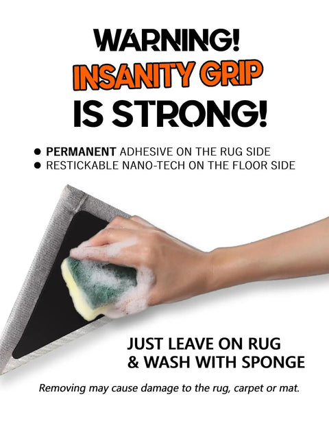 Hand cleaning rug with sponge showing Non Slip Rug Tape Peel And Stick Gripper For Hardwood Concrete And Carpeted Floors.
