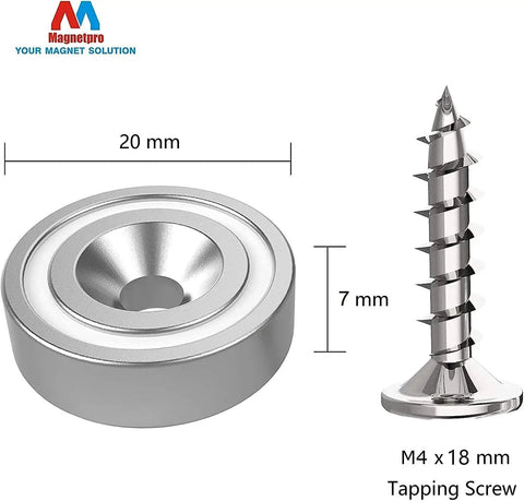 Heavy Duty 12 Pack Neodymium Pot Magnets With Countersunk Holes showing dimensions and M4 tapping screw