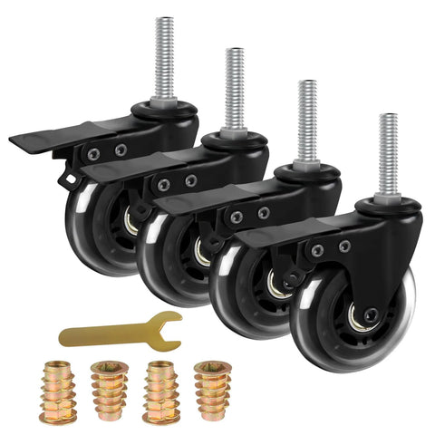 Four black Three Inch Stem Caster Wheels With Safety Dual Locking And Heavy Duty Threaded Stem Three Eighths By Sixteen Inches By One Point Five Inches.