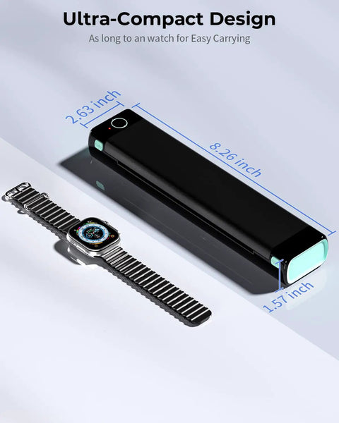 Ultra Portable Bluetooth Thermal Printer For Travel And On The Go Home Use, Inkless Printing On 8.5 By 11 Letter Paper, shown next to watch