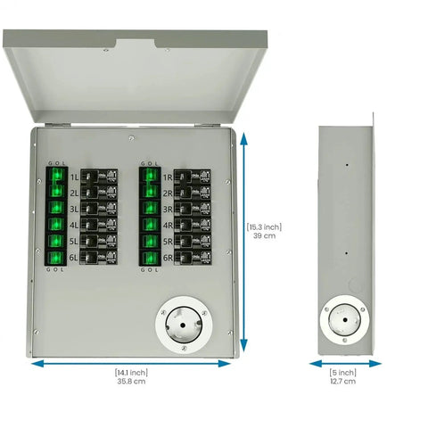 Manual 50A Power Transfer Switch Kit For Home Backup Power, dimensions shown, 12 circuits 120V and 240V, non automatic, UL listed
