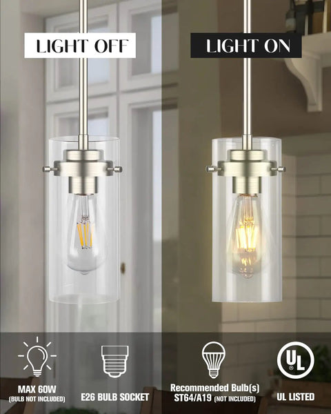 Two Pack Brushed Nickel Pendant Lights For Kitchen Island And Dining Room, Adjustable Drop Height, Clear Glass Farmhouse Ceiling Fixtures, Dope Modern Pendant Lighting For Sink Area And Home Decor