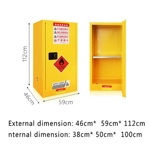 Built Tough Flammable Safety Cabinet With Fifteen Gallon Capacity Double Wall Steel Frame Integrated Key Lock dimensions displayed.