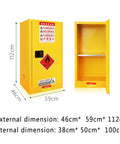 Heavy Duty Flammable Safety Cabinet 15 Gallon Storage with dimensions 46cm x 59cm x 112cm, bright yellow steel, ideal for shops or labs.