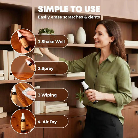Woman using Professional Wood Floor Scratch Repair Kit For Hardwood, Laminate, And Furniture Nicks And Scratches, Easy DIY Application.