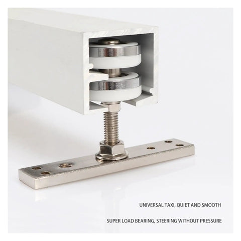 Close-up of Heavy Duty Barn Door Hardware Kit With Smooth Sliding Wheels And Solid Steel Guide Rail For Easy Install, showing the wheel mechanism.