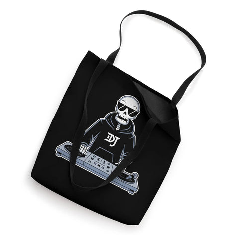 Cool Halloween Skeleton Dj Turntable Tote Bag For Music Lovers Spooky Skull Design Perfect For Edm House Fans Gift For Djs And Concert Party Goers in black.