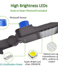 Bright 100W LED parking lot light with dusk to dawn photocell and 15,000 lumen output, blue photocell sensor, IP65 rated.
