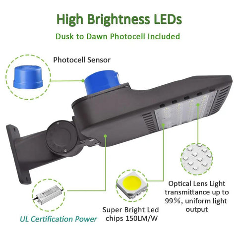 Bright 100W LED parking lot light with dusk to dawn photocell and 15,000 lumen output, blue photocell sensor, IP65 rated.