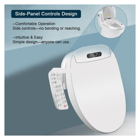 Pro Electric Smart Bidet Toilet Seat With Instant Heated Warm Water And Slow Close Design For Elongated Toilets Auto Lid side-panel controls and display.