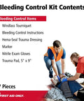 Front view of First Aid Only 7-piece bleeding control kit contents label with two responders treating an injured person.
