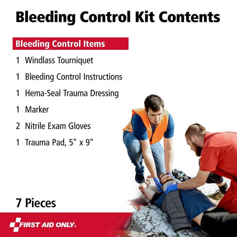 Front view of First Aid Only 7-piece bleeding control kit contents label with two responders treating an injured person.