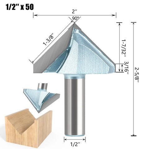 1 2 Inch Shank 90 Degree V Groove Router Bit With 2 Inch Dia, showing dimensions and details for woodworking projects.