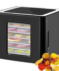 Premium Stainless Steel Food Dehydrator With Led Digital Touch Screen showing assorted dried fruits inside.
