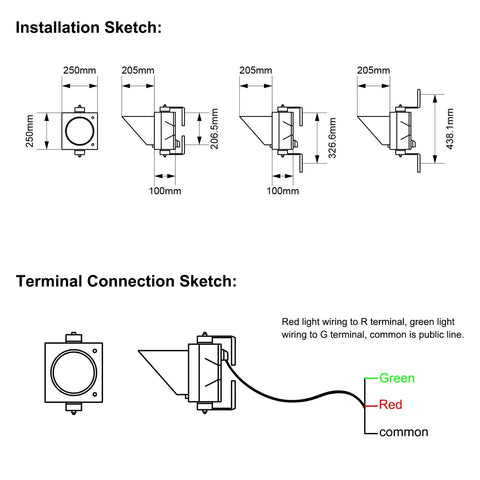 Installation and wiring sketch for 8 Inch Red And Green 2 In 1 Traffic Light Stop And Go LED Light With Black PC Housing Clear Lens Outdoor Waterproof IP65 Industrial LED Traffic Lamp AC Input 85 To 265V