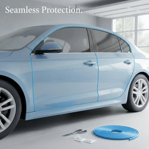Universal Fit Car Door Edge Guard Rubber Trim Strip Light Colored Cut To Fit Self Adhesive Roll displayed with blue car